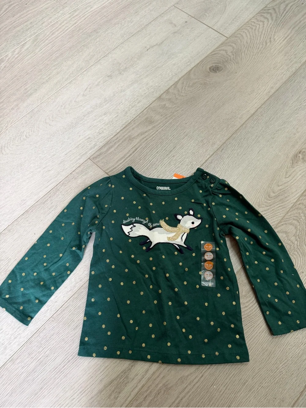 Gymboree Dark Green Long-Sleeve Top with Fox Appliqué and Gold Dots